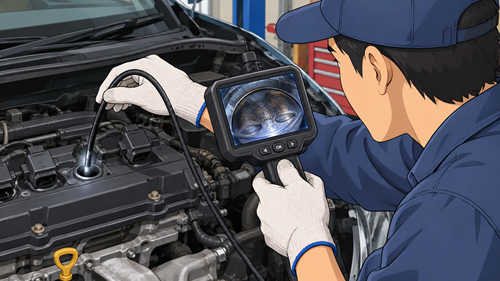 内視鏡でエンジンを点検する整備士